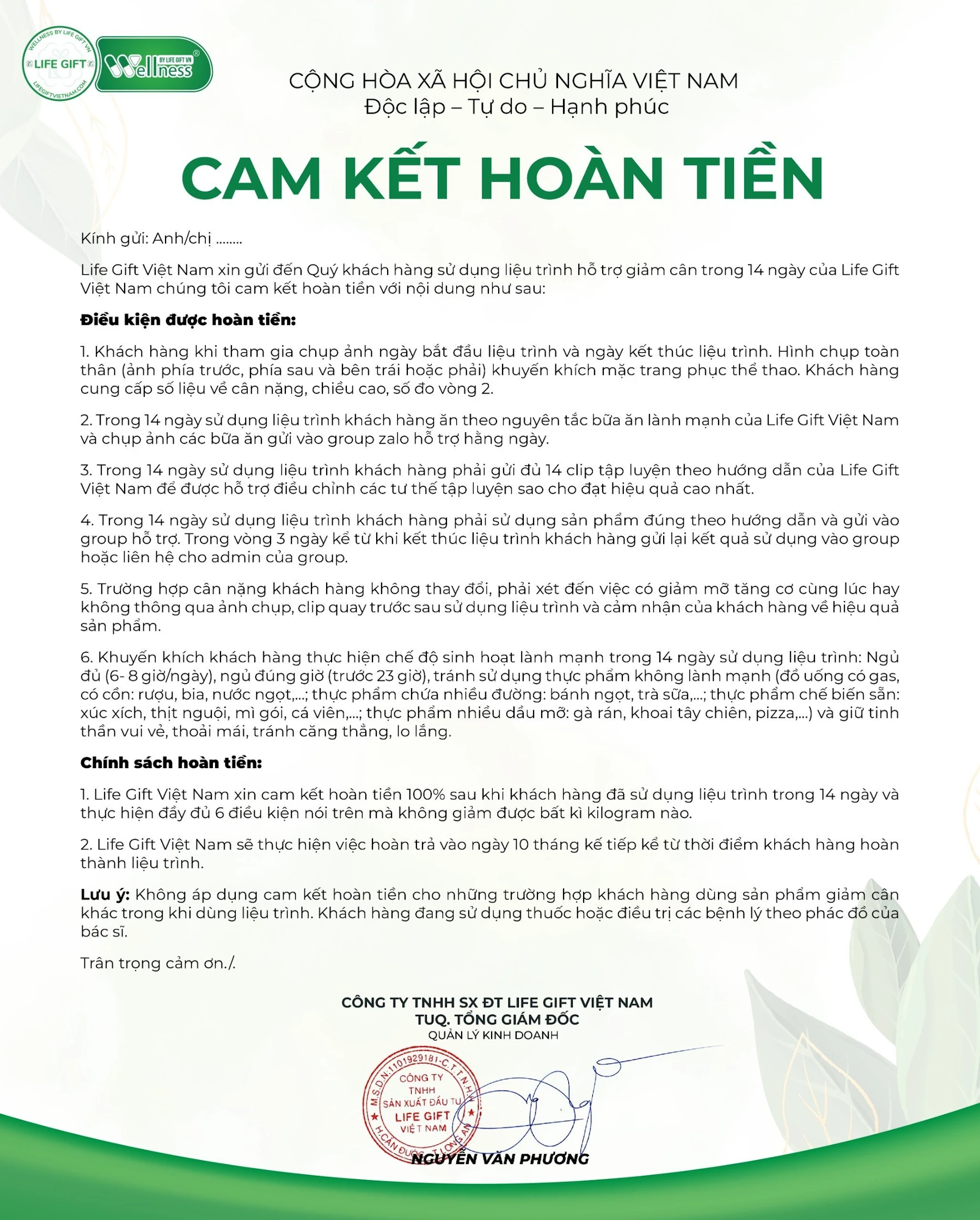 Cam Kết Hoàn Tiền Wellness By Life Gift Việt Nam - 1store.vn