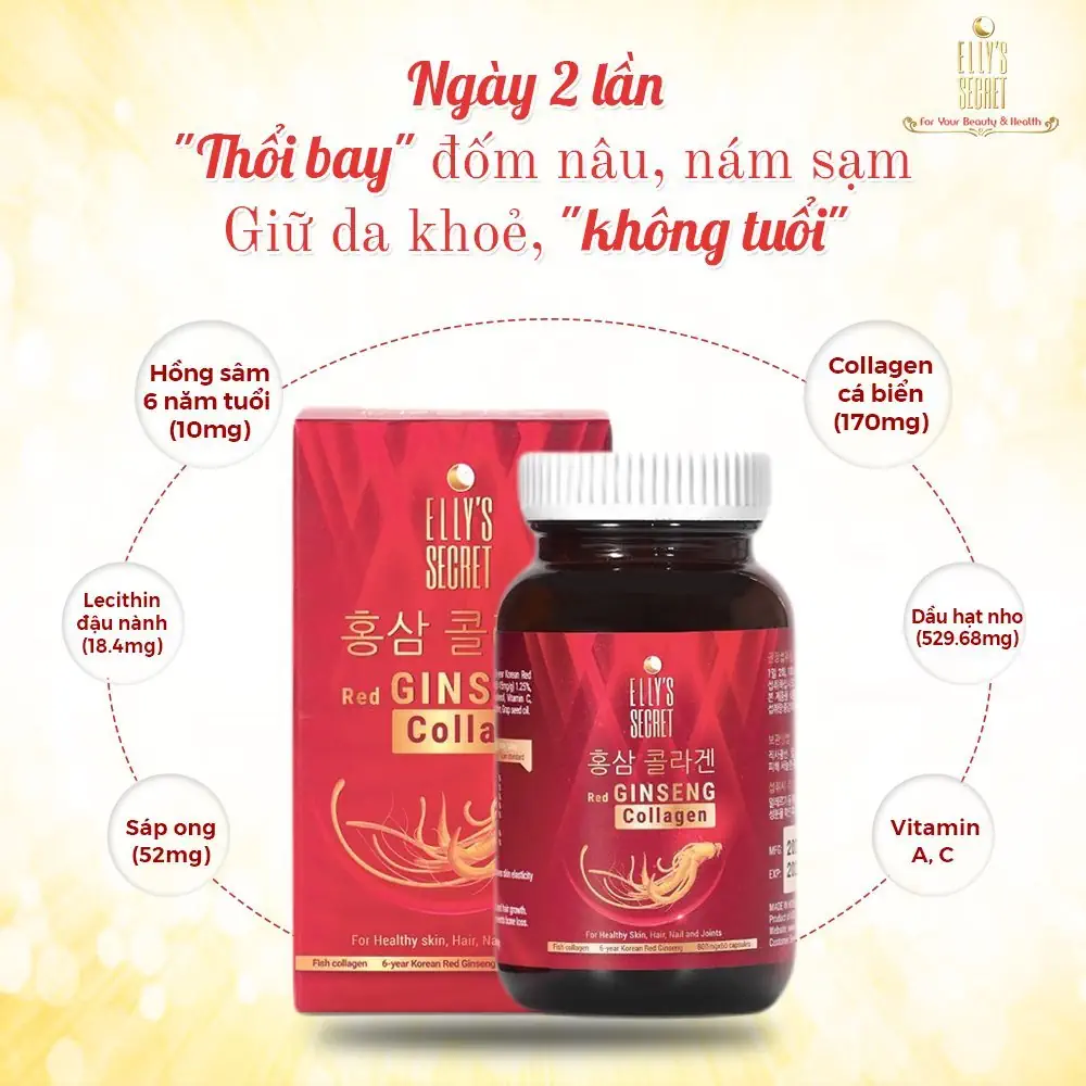 Thành Phần Viên Uống Hồng Sâm Collagen Cao Cấp Hàn Quốc Elly's Secret Hộp 60 Viên - 1store.vn