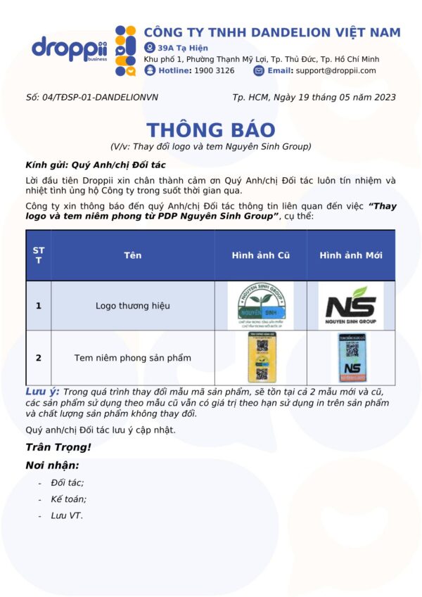 Nguyên Sinh Group thông báo thay đổi tem niêm phong và logo - 1Store.vn