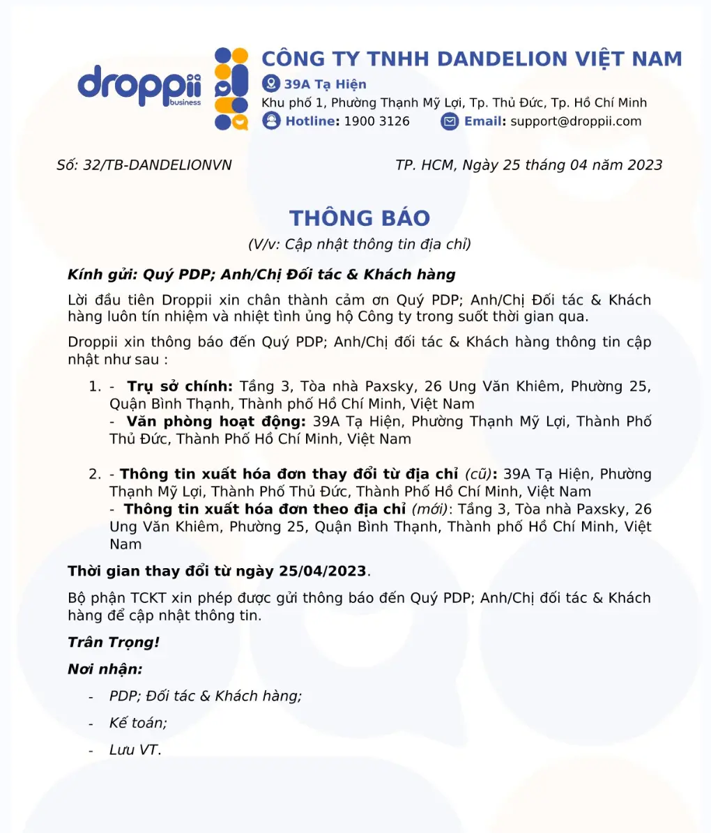 Thông báo đổi địa chỉ trụ sở chính Droppii - 1store.vn