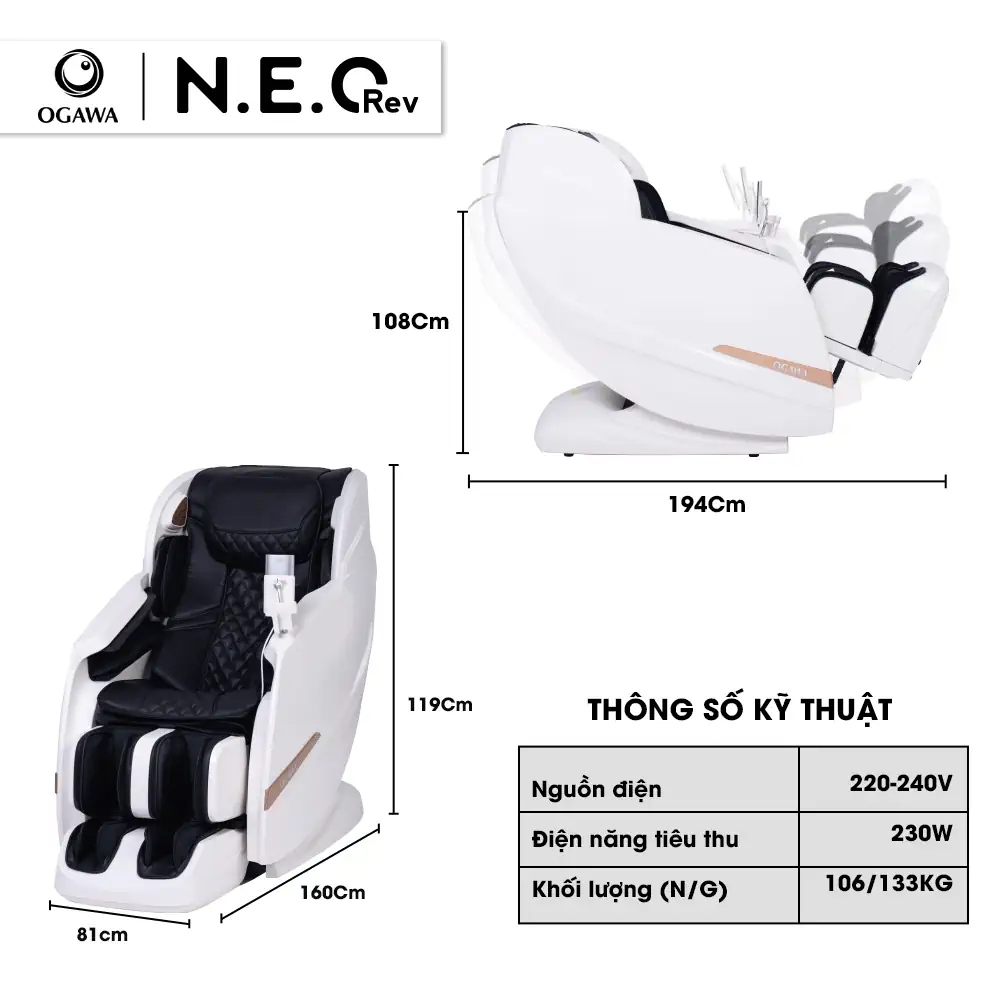 Thông số kỹ thuật Ghế massage OGAWA NEO Rev (OG-7600) thương hiệu Malaysia - 1store.vn