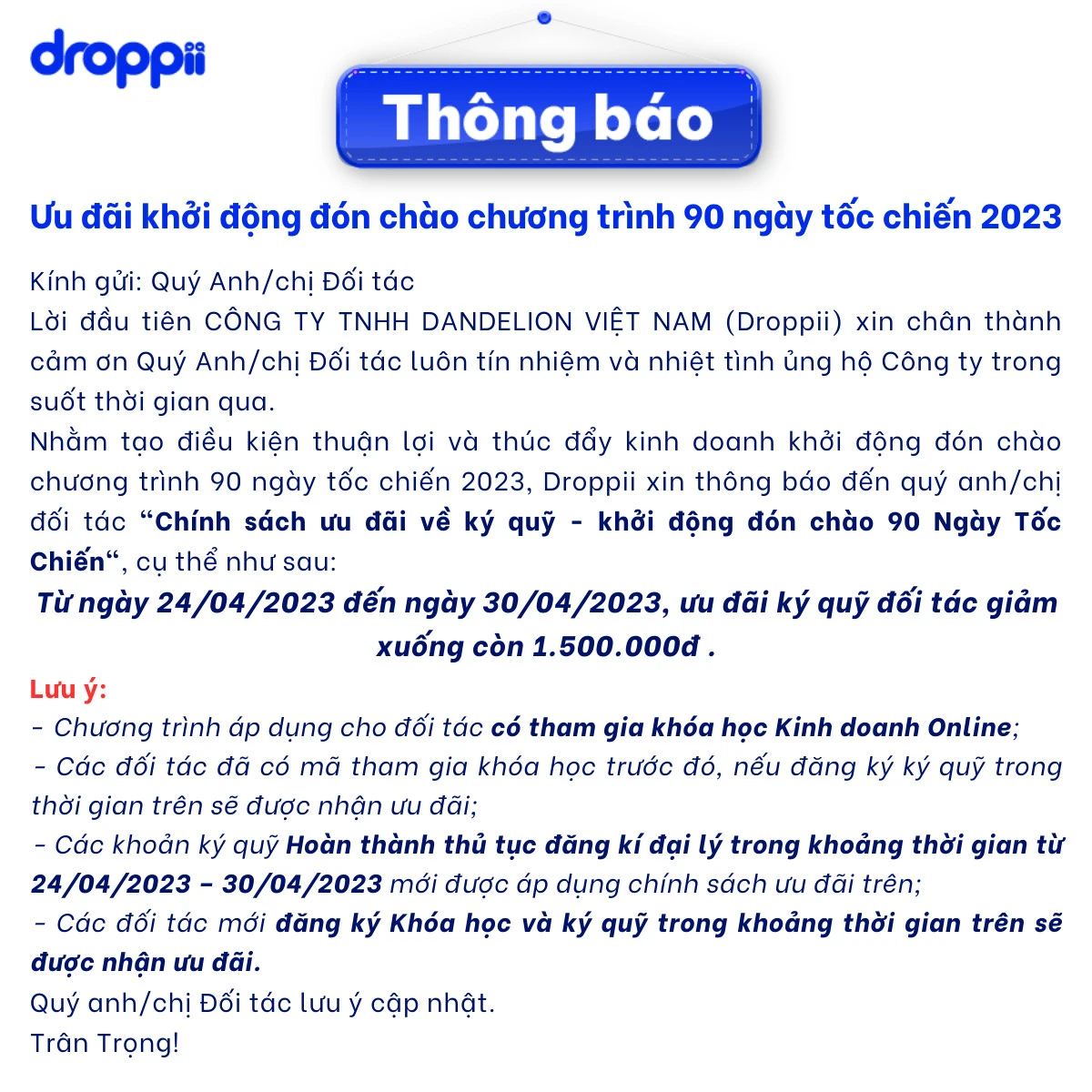 Ưu đãi ký quỹ đối tác Droppii tháng 4.2023 - 1Store.vn