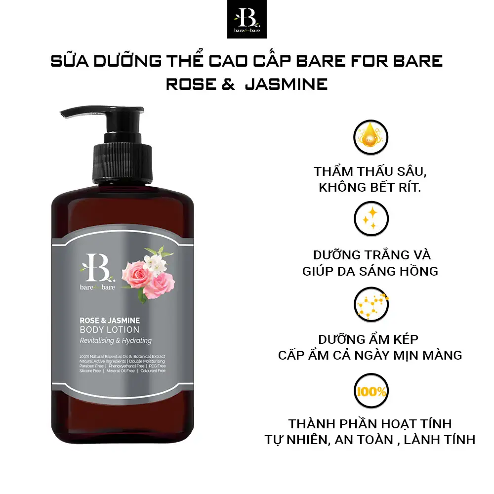 Sữa dưỡng thể dưỡng ẩm Bare For Bare - Rose & Jasmine (phục hồi & dưỡng ẩm) - 1store.vn