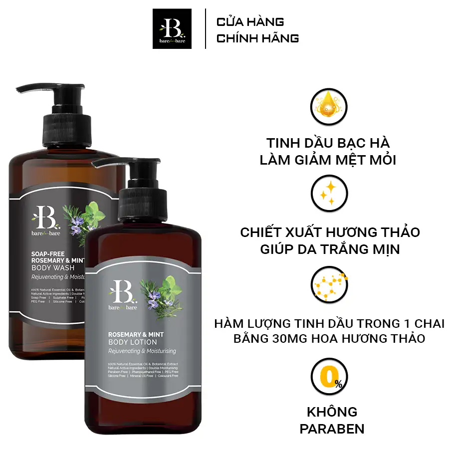 Ưu điểm Bộ chăm sóc cơ thể Rosemary & Mint - Dưỡng ẩm và trẻ hóa Bare for Bare chính hãng giá tốt - 1store.vn
