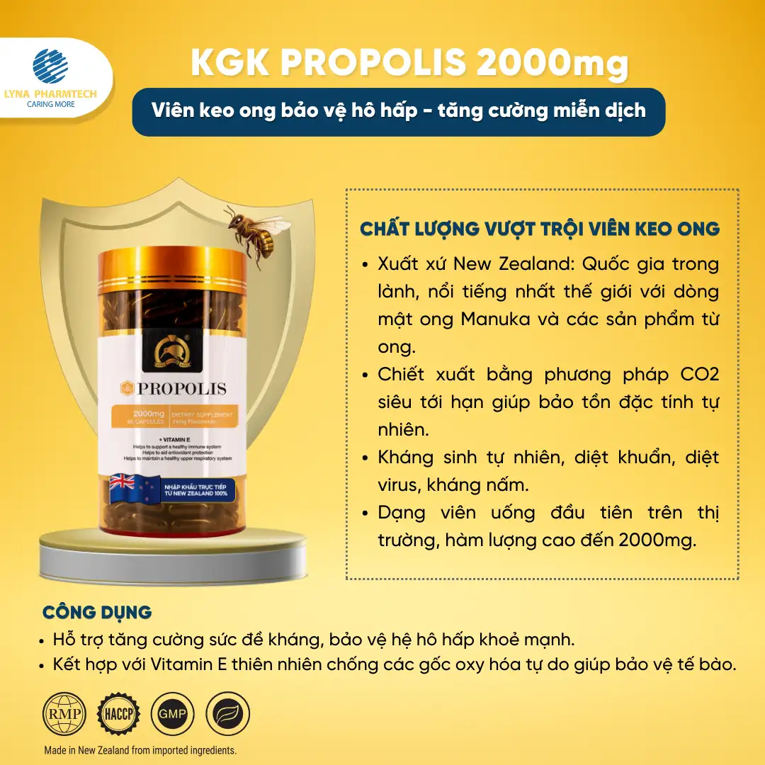 Kgk Propolis 2000mg - Viên Keo Ong Bảo Vệ Hô Hấp, Tăng Cường Miễn Dịch