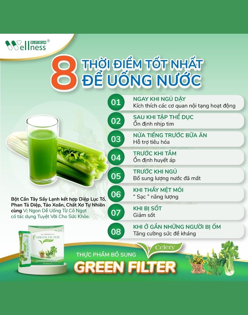 8 thời điểm tốt nhất để uống nước Cần tây – diệp lục Green Filter Celery thanh lọc thải độc - 1store.vn