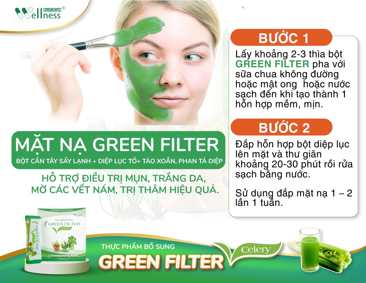 Thực Phẩm Bổ Sung Bột Cần Tây Sấy Lạnh Diệp Lục Green Filter Celery có thể dùng làm mặt nạ đắp mặt - 1store.vn