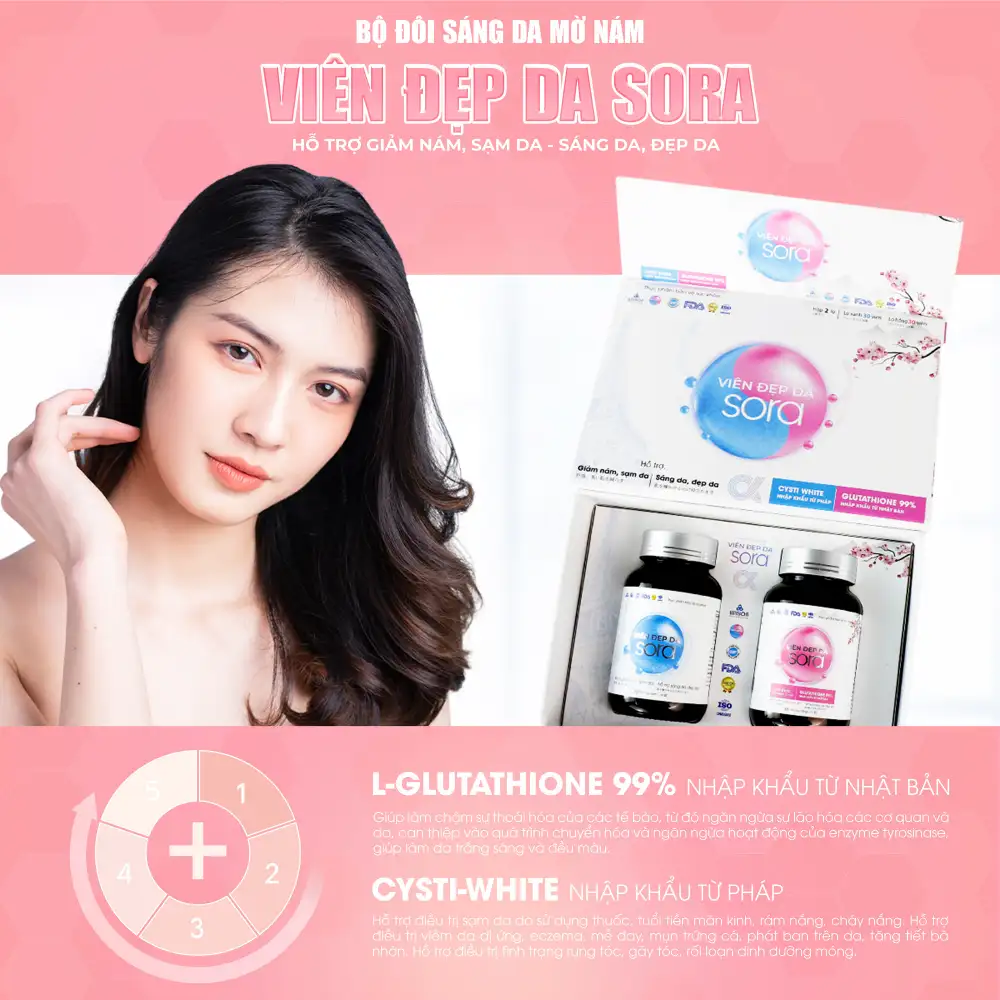 Sora Bổ Sung L-glutathione Và Cysti White Giúp Làm Sáng Da, Giảm Nám
