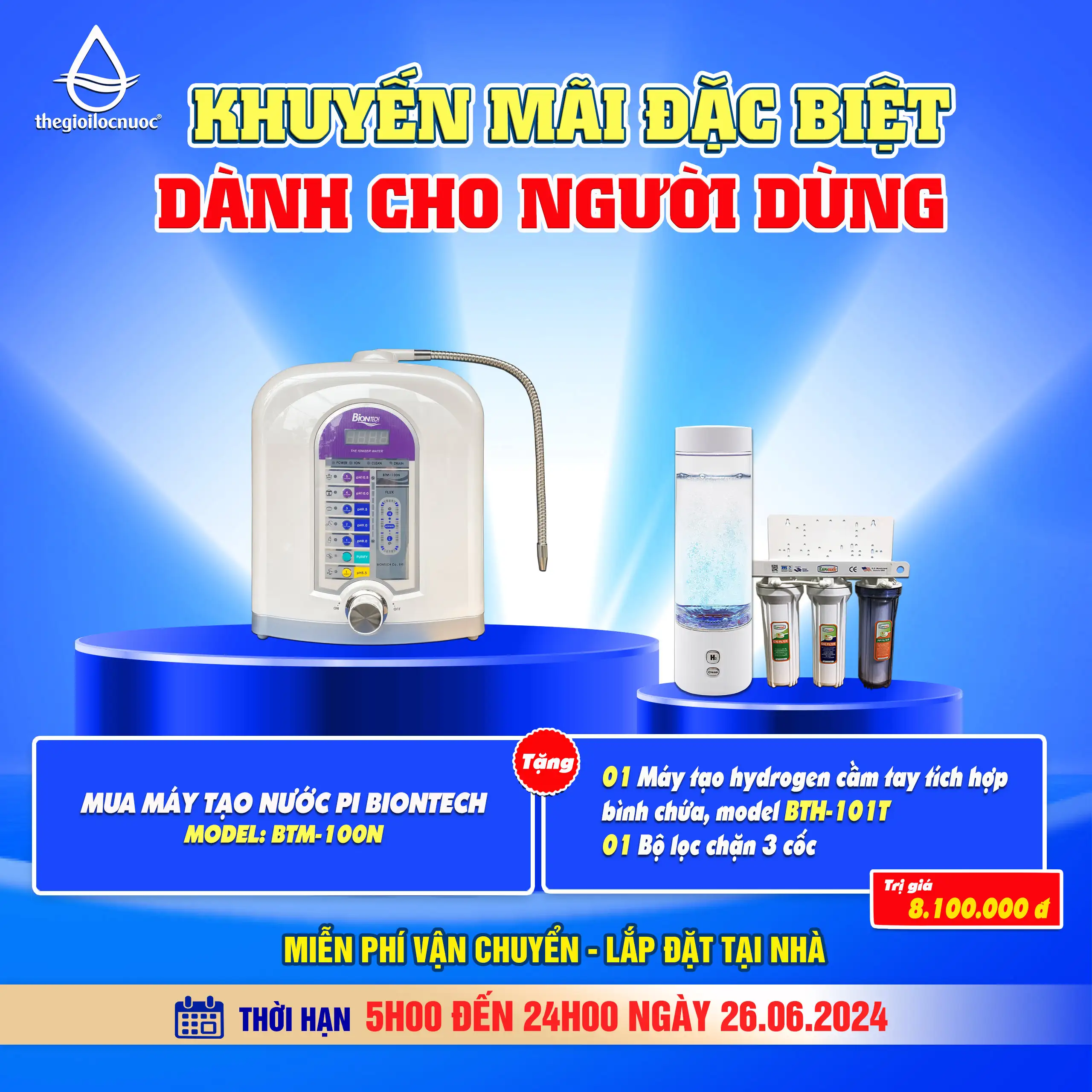 Tặng 1 Máy tạo nước hydrogen dạng cầm tay tích hợp bình chứa Biontech, model: BTH-101T